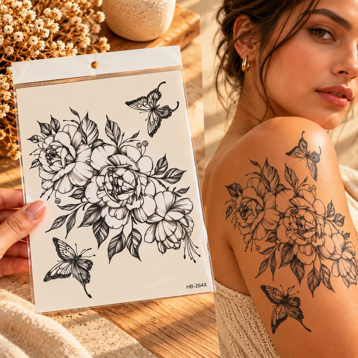 Black line-art temporary tattoo HB-264X with blooming flowers, leaves and butterflies