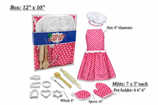 Deluxe chef set with pink apron, hat, and utensils on a white background