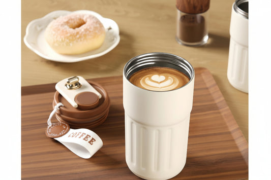 White travel mug with coffee, donut, and coffee-themed keychain on a wooden surface