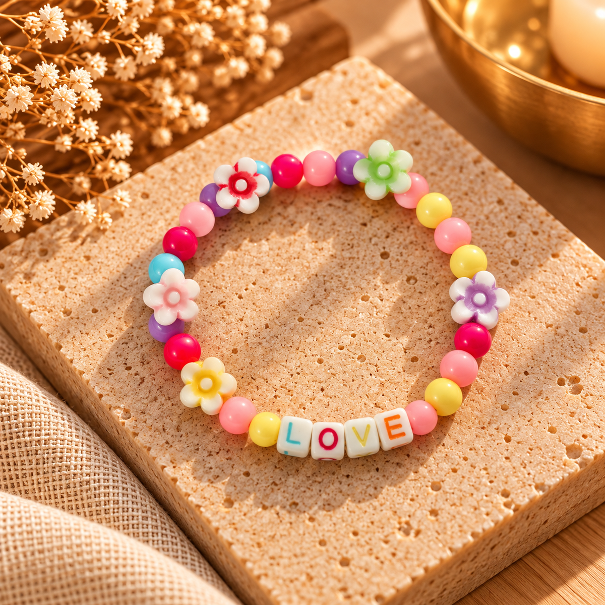 Handmade kids LOVE bracelet with colourful round beads, multicoloured flower accents and white letter beads spelling LOVE.