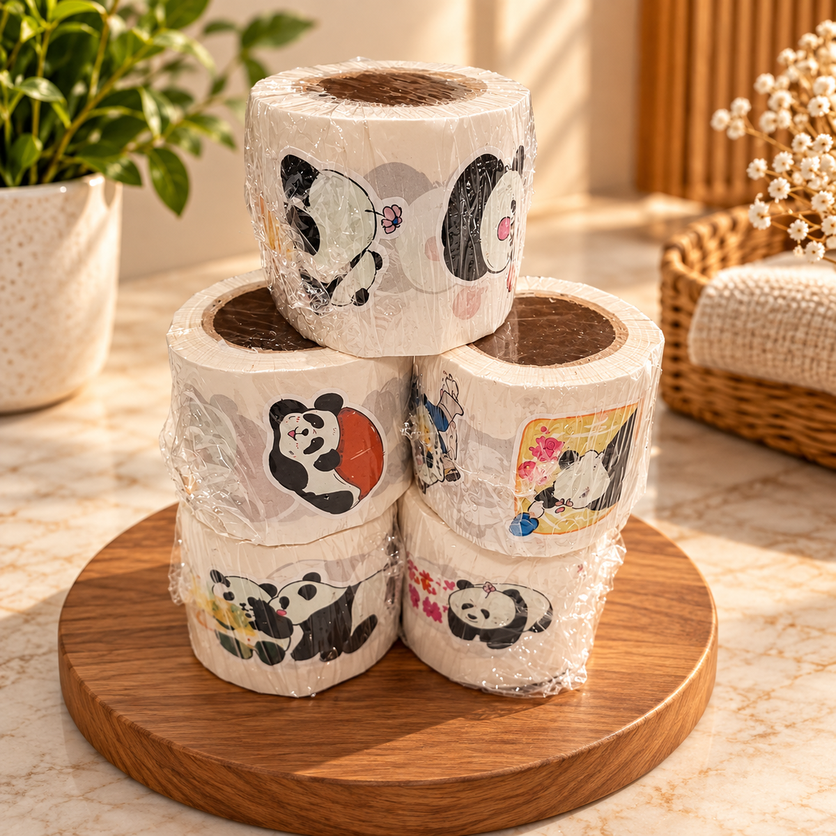 Panda-themed decorative sticker rolls with assorted designs