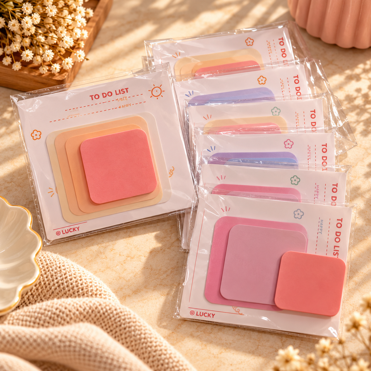 Pastel square sticky notes sets with to-do list backing cards