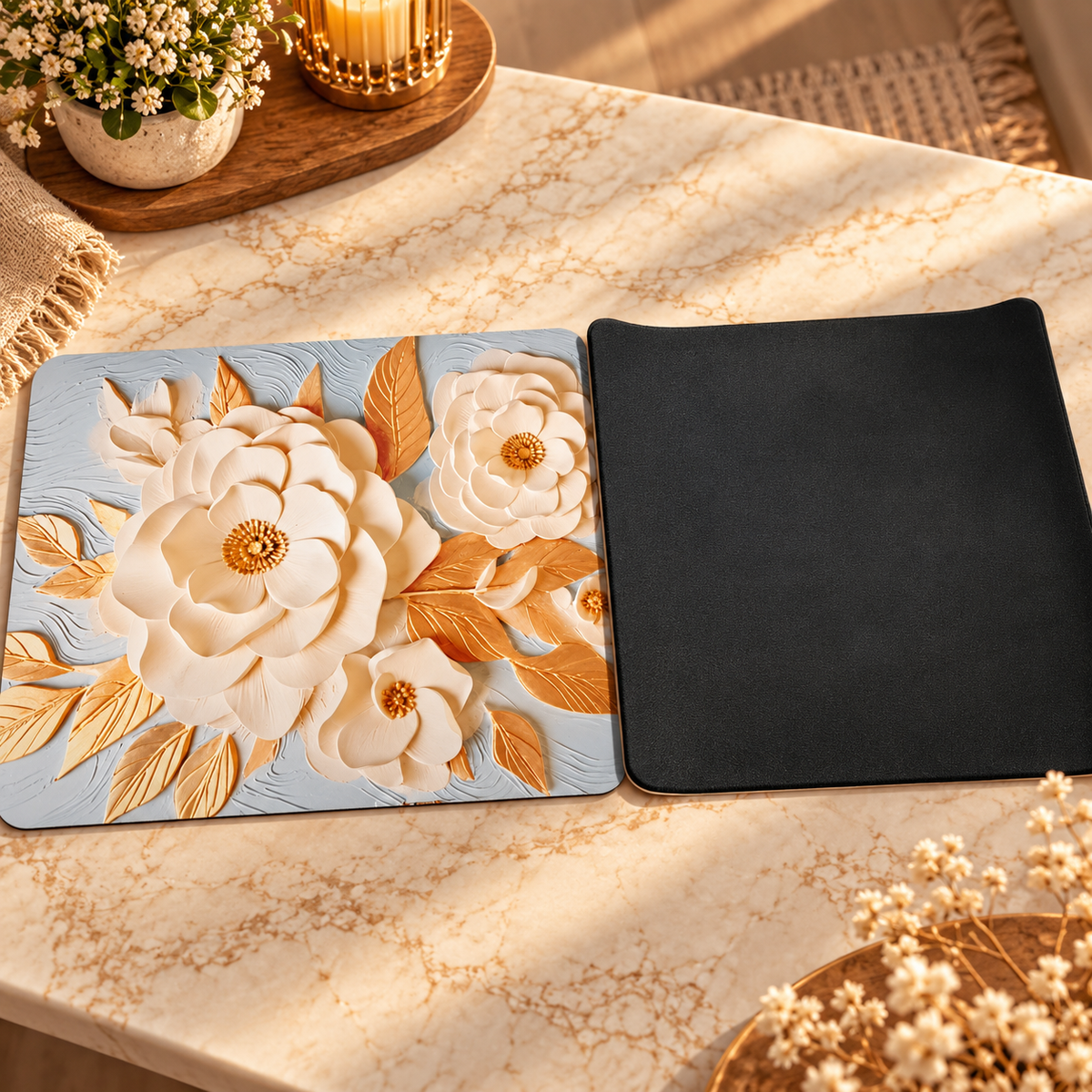 Elegant 3D Floral Gold Leaf Decorative Mat