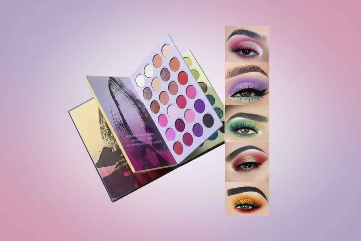 Makeup palette with color swatches and eye makeup application examples.