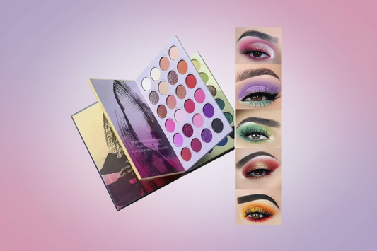 Makeup palette with color swatches and eye makeup application examples.