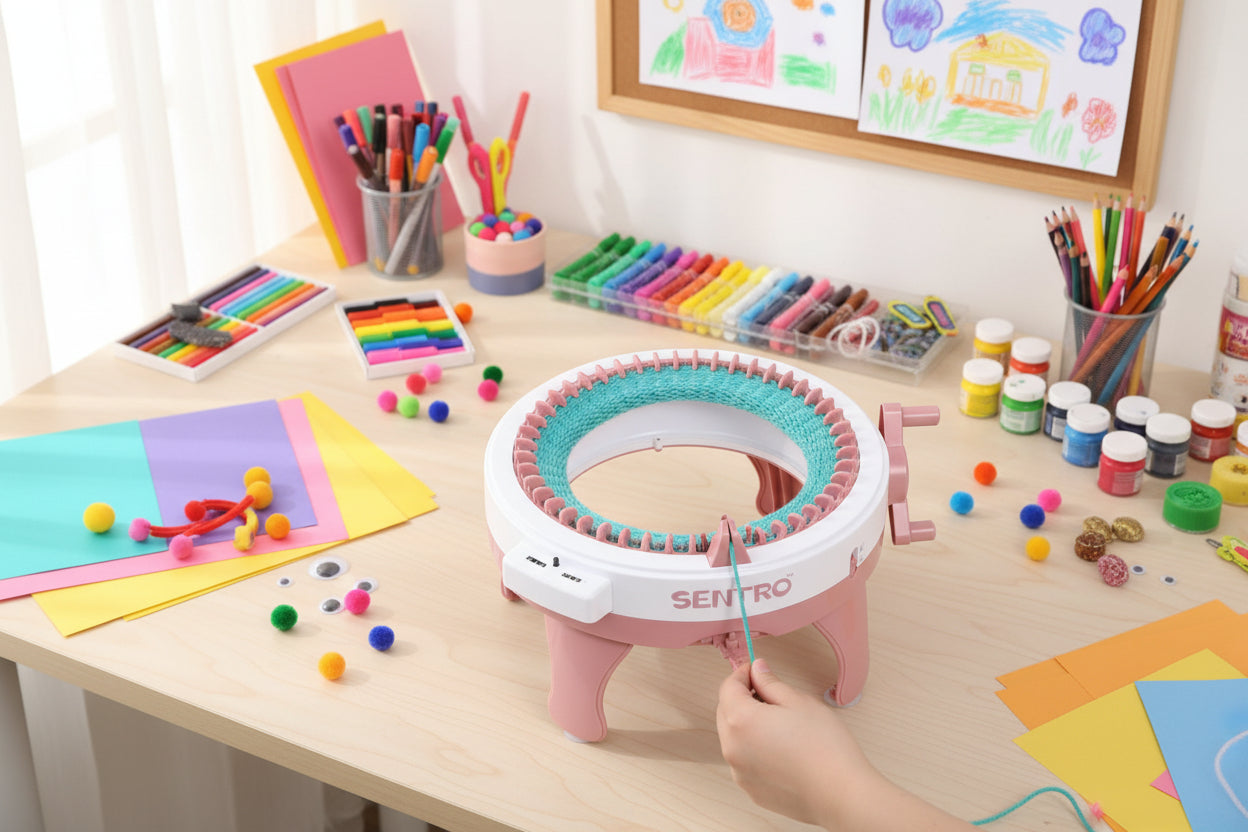 Pink and white knitting machine with teal circular needle set on a white background, featuring the brand 'Sentro'.