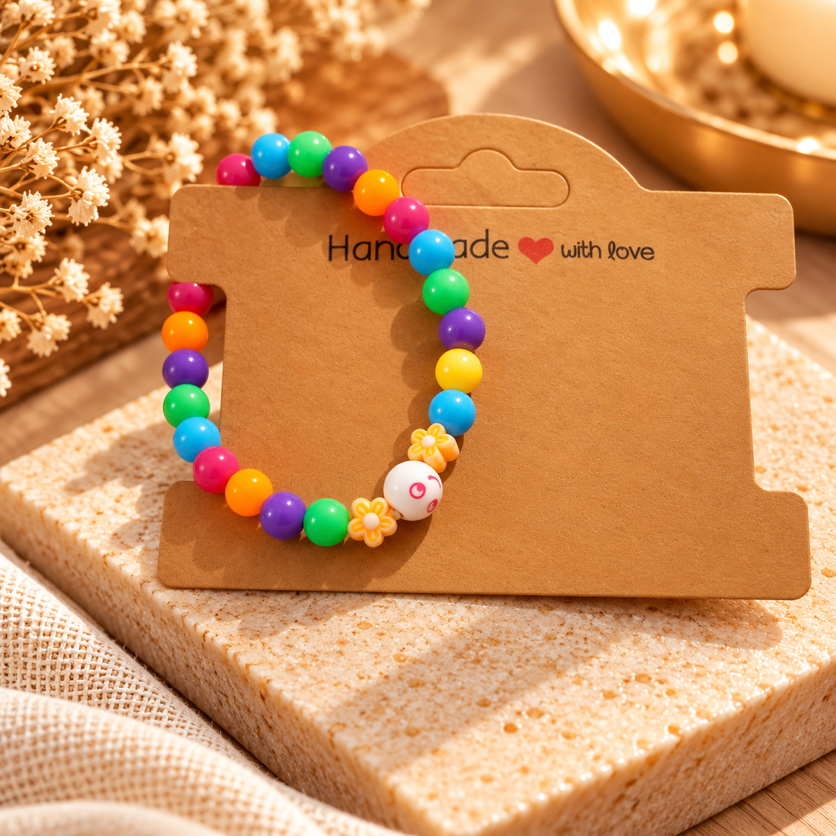 Handmade Kids Rainbow Beaded Bracelet – Flower Detail