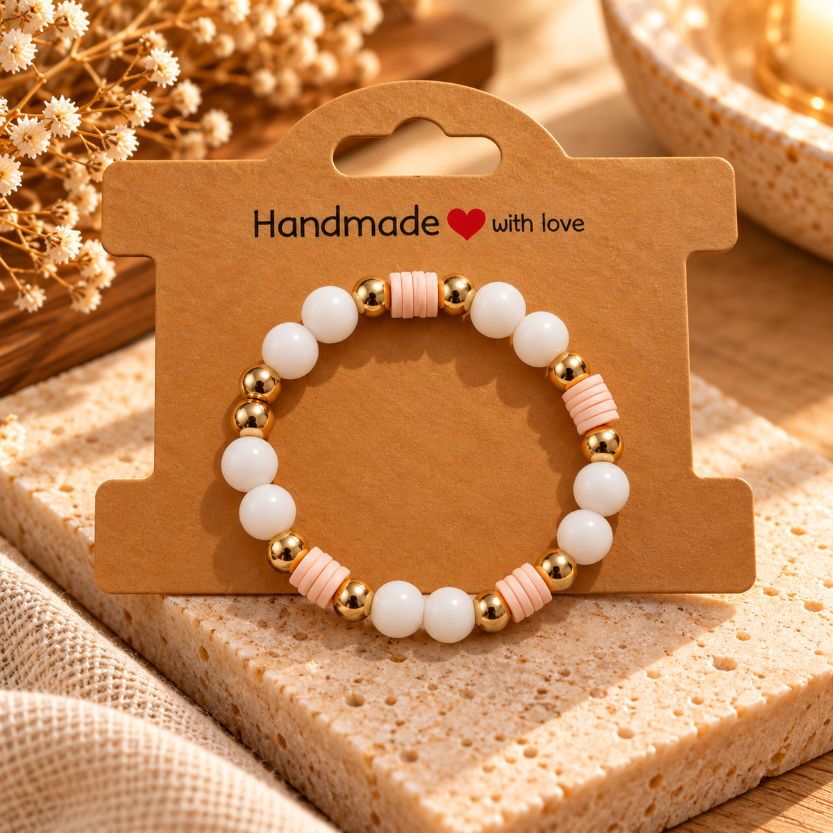 Handmade Kids White, Peach & Gold Beaded Bracelet