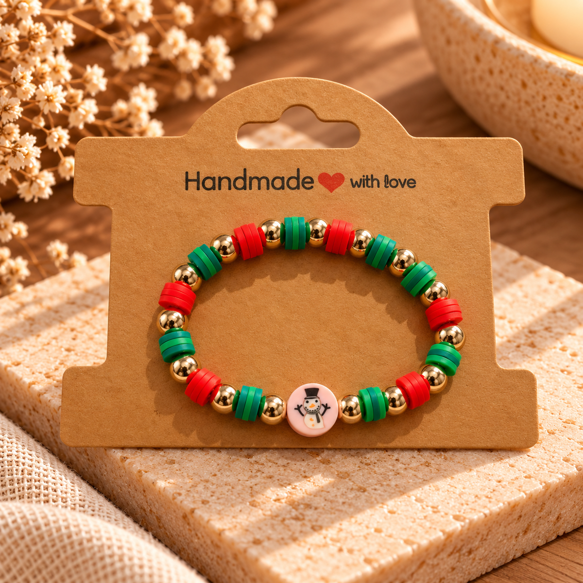 Handmade Kids Christmas Snowman Bracelet – Red, Green & Gold