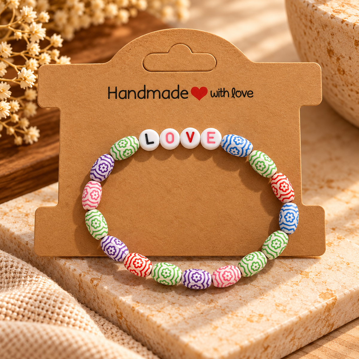 Multicolour patterned beaded kids bracelet with LOVE letter beads on a kraft display card.