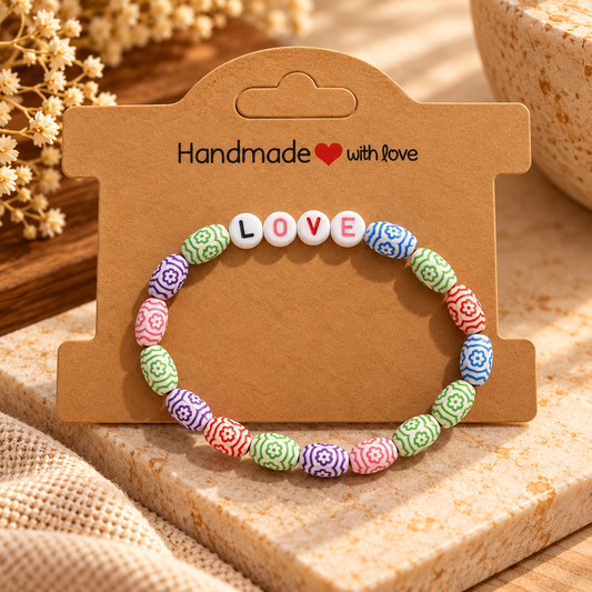 Multicolour patterned beaded kids bracelet with LOVE letter beads on a kraft display card.