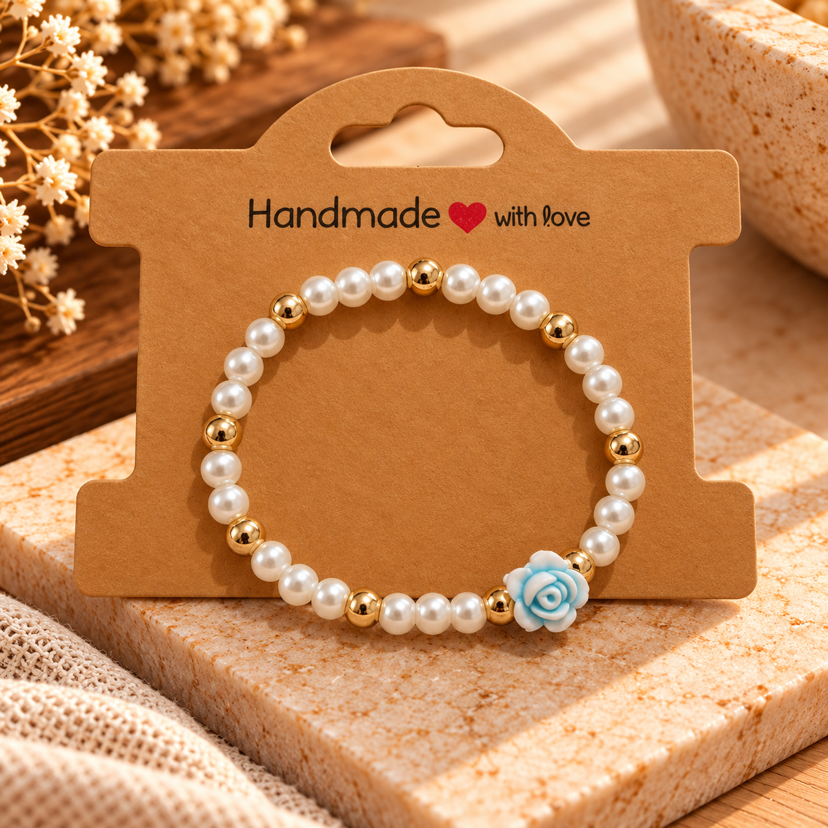Handmade Kids Pearl & Rose Bracelet – White, Gold & Blue