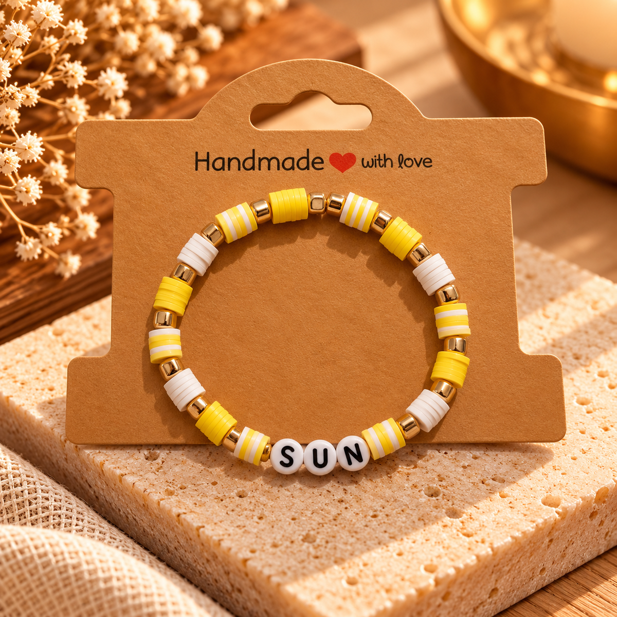 Handmade Kids SUN Beaded Bracelet – Yellow, White & Gold
