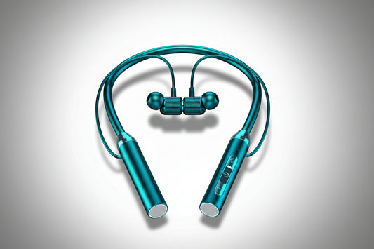 Blue neckband headphones on a white background