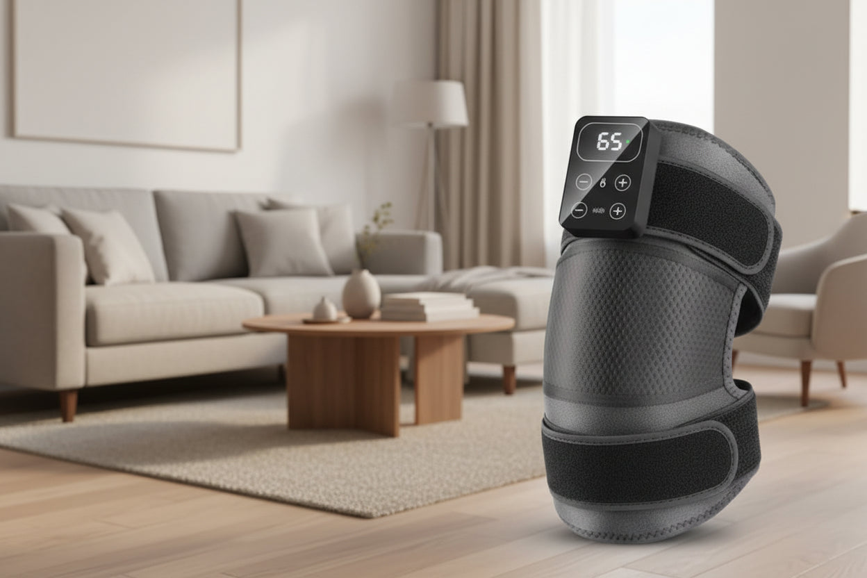 Knee massager with digital display on a beige background
