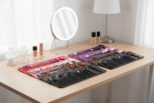 Set of makeup brushes in various sizes and colors with a black case on a white background