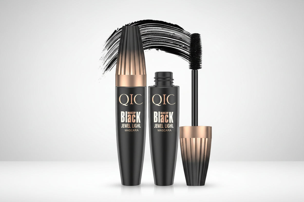 QIC mascara with close-up shots of eyes wearing the product