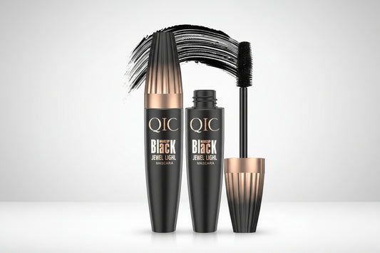 QIC mascara with close-up shots of eyes wearing the product