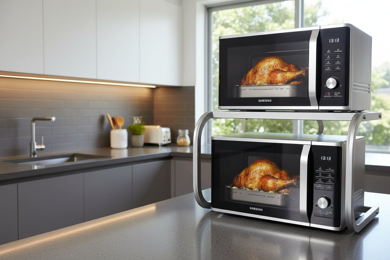 Samsung microwave oven with a turkey inside on a white background