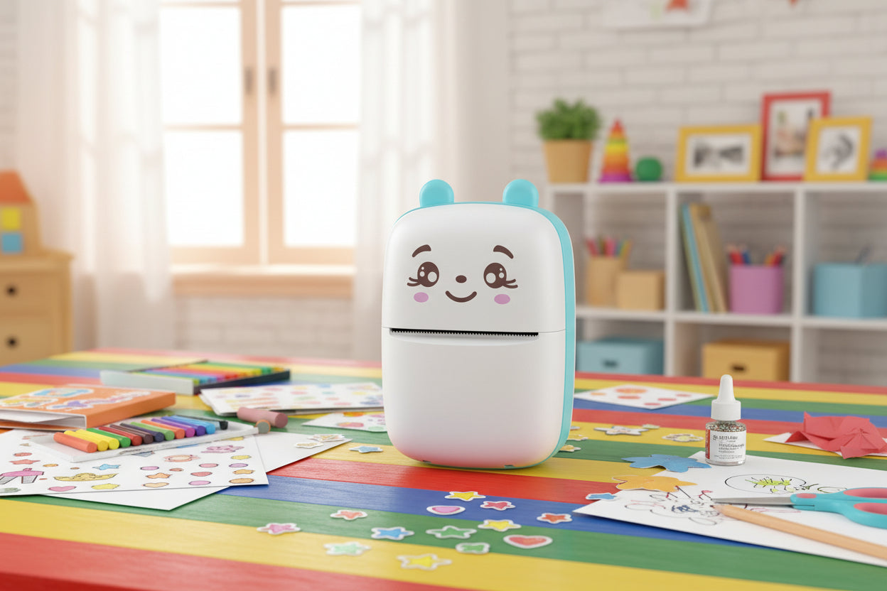 Small device with a cartoon face on a white background