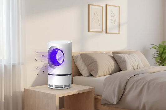 Mosquito killer lamp with purple light emitting and icons indicating mosquito control on a white background