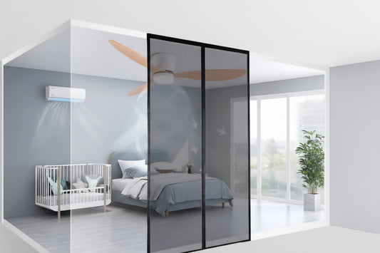 Modern bedroom with glass partition, air conditioner, and ceiling fan.