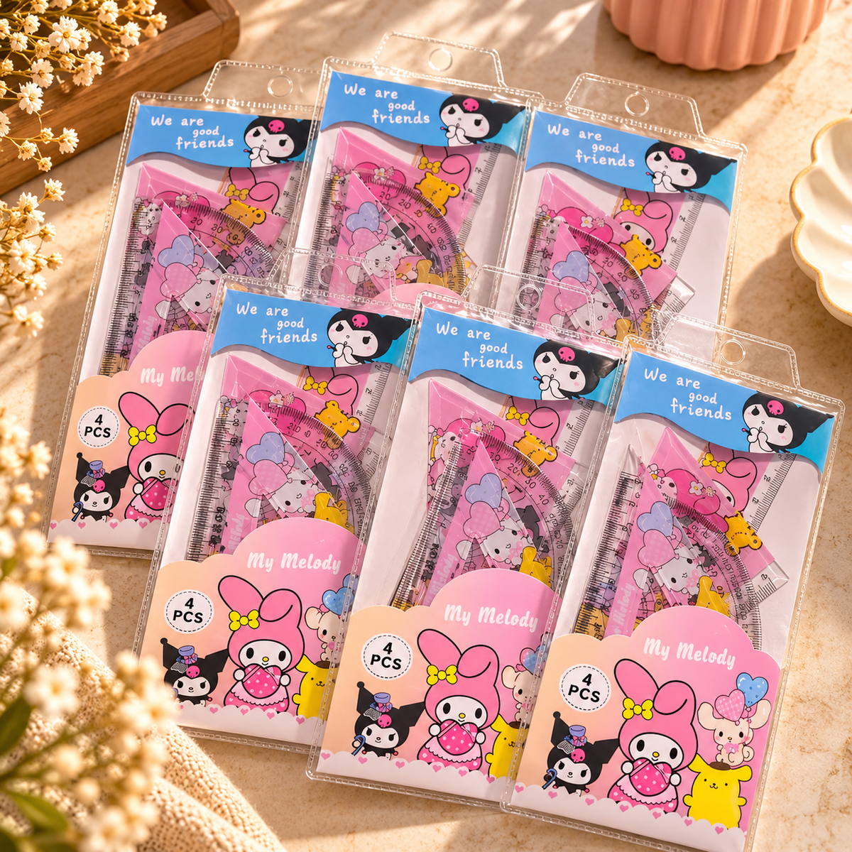 Pink My Melody and Kuromi four-piece geometry sets in storage sleeves