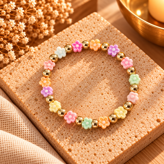 Multicoloured pastel daisy flower beads alternating with shiny gold-tone beads