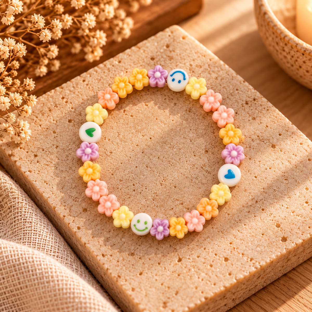 Handmade kids bracelet with pastel yellow, peach, pink, orange and purple flower beads and white beads with smiley faces and hearts.