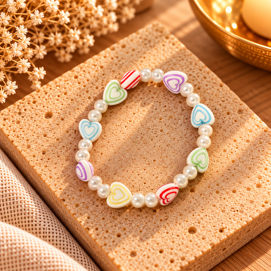 Multicoloured heart-shaped beads with glossy white faux pearl beads