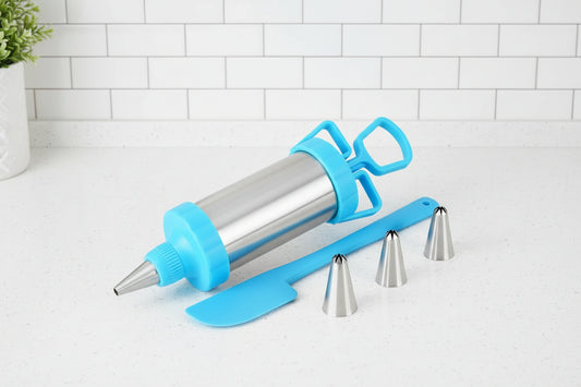 Baking tool with blue handles and three piping tips on a white background