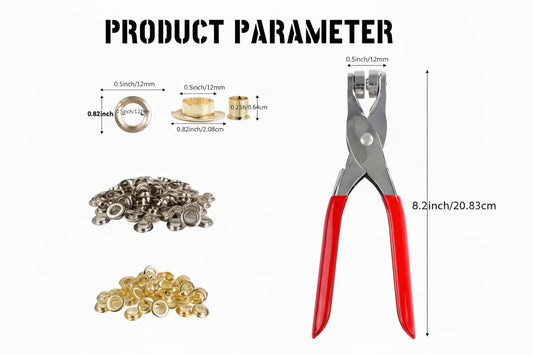 Grommet tool with grommets and eyelets on a white background