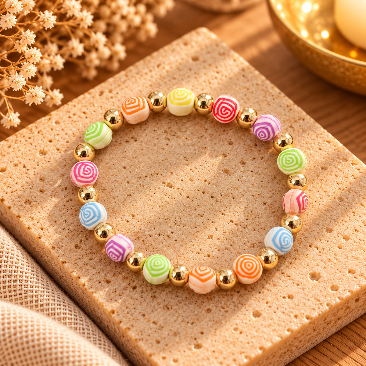 Handmade kids bracelet with multicoloured spiral-patterned beads alternating with shiny gold-tone beads.