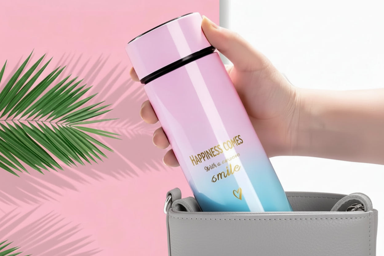 Gradient pink to blue thermos with motivational quote held by a hand against a pink background with green leaves.