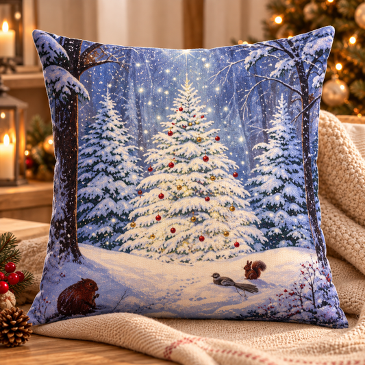 Christmas Snowy Forest & Woodland Animals Cushion Cover – No Inner Included