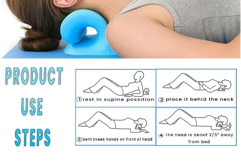Woman using a neck pillow with product use steps displayed below.