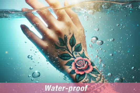 Hand with floral tattoo underwater, labeled 'Water-proof'.