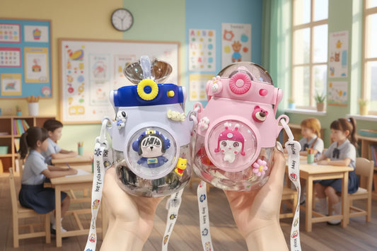 Two cartoon-themed water bottles, one white with blue accents and the other pink with yellow accents, held by a person.