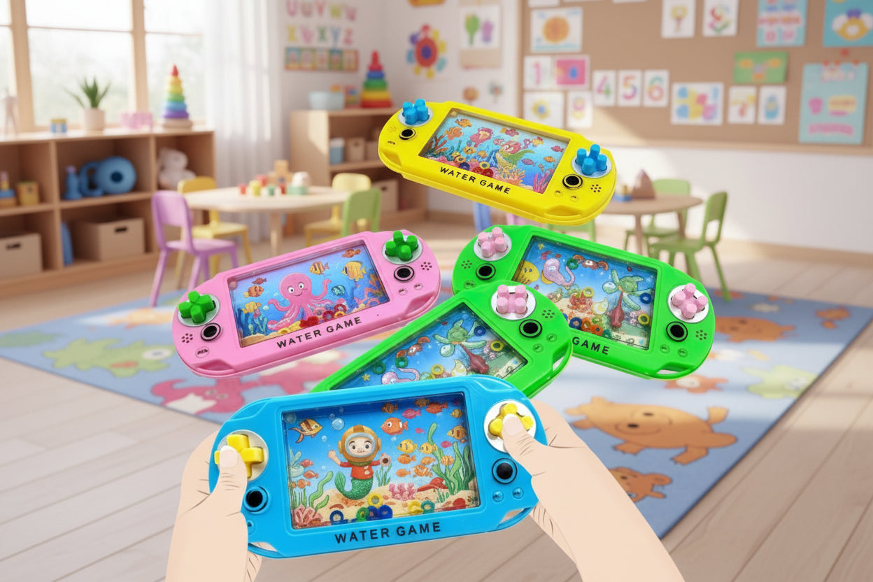 Four colorful handheld gaming devices with water game screens on a light pink background.