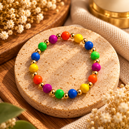 Handmade Kids Rainbow Beaded Bracelet with Gold Accents