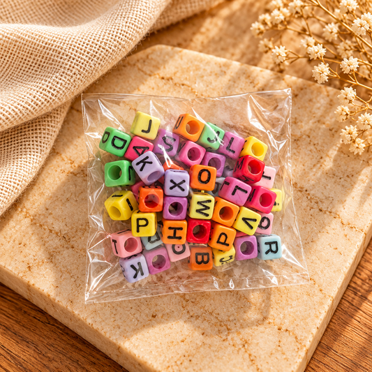 A clear plastic bag filled with colorful letter beads in pastel and bright shades, placed on a beige stone surface with a burlap cloth and dried flowers in the background.