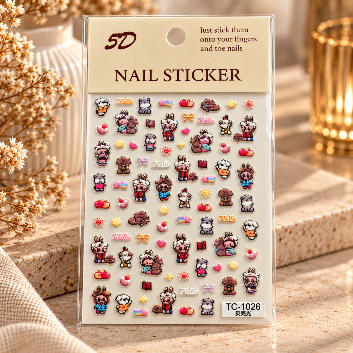 5D Cute Bunny & Bear Nail Stickers – Colourful Character Designs
