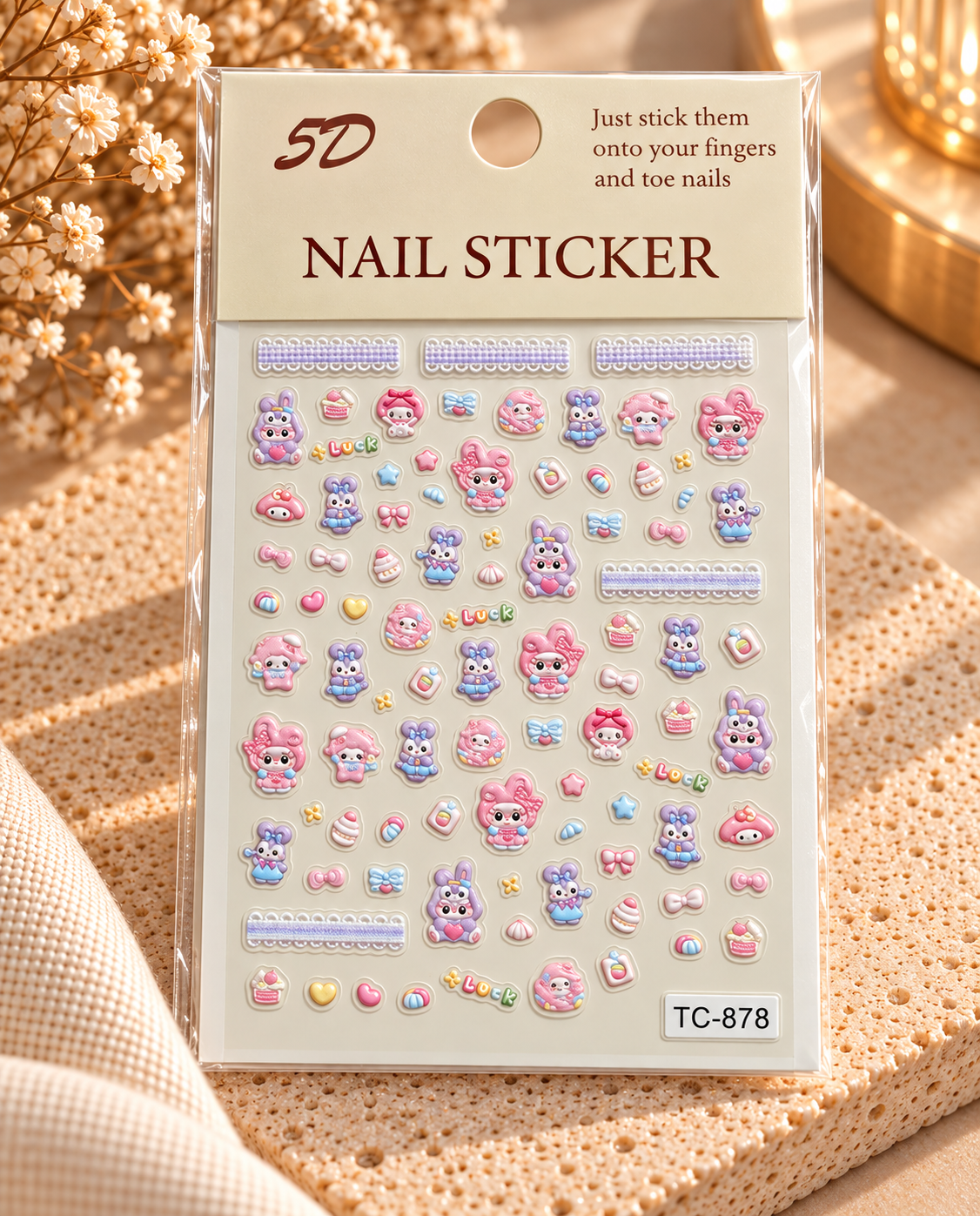5D Cute Kawaii Nail Stickers – Pink & Purple Characters