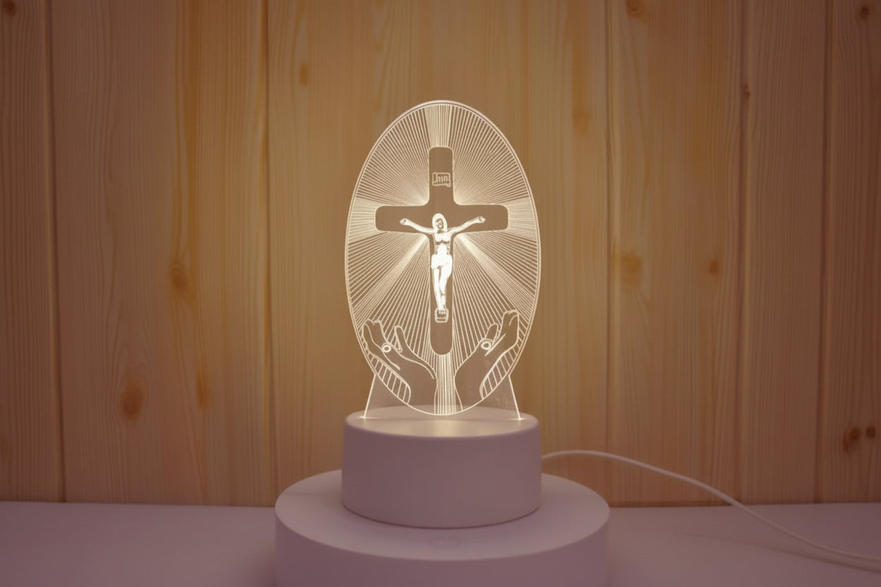 Decorative lamp with religious design on a wooden background