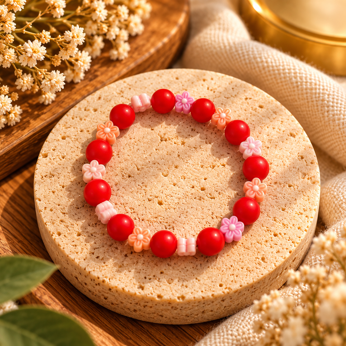 Handmade Kids Red & Pink Daisy Beaded Bracelet