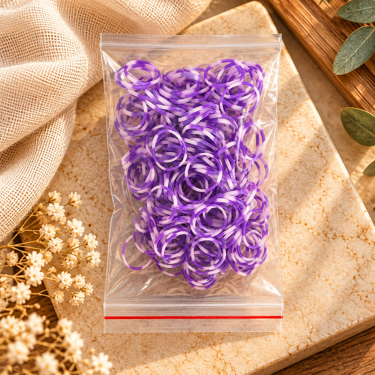 Purple/White Elastic Hair Bands – Bulk Pack