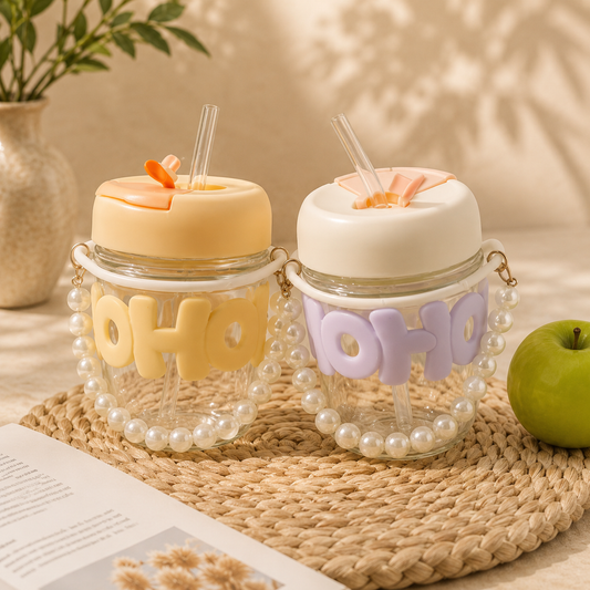 Cute "OHO" Pearl Handle Glass Tumbler with Straw