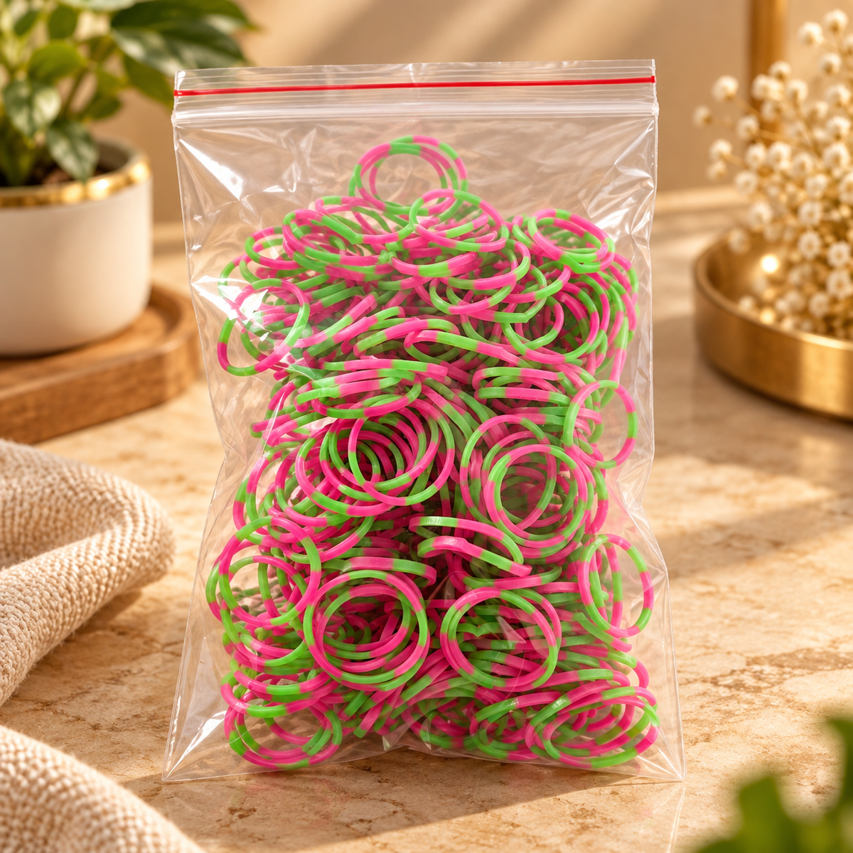 Bulk pack of neon pink and green elastic hair bands