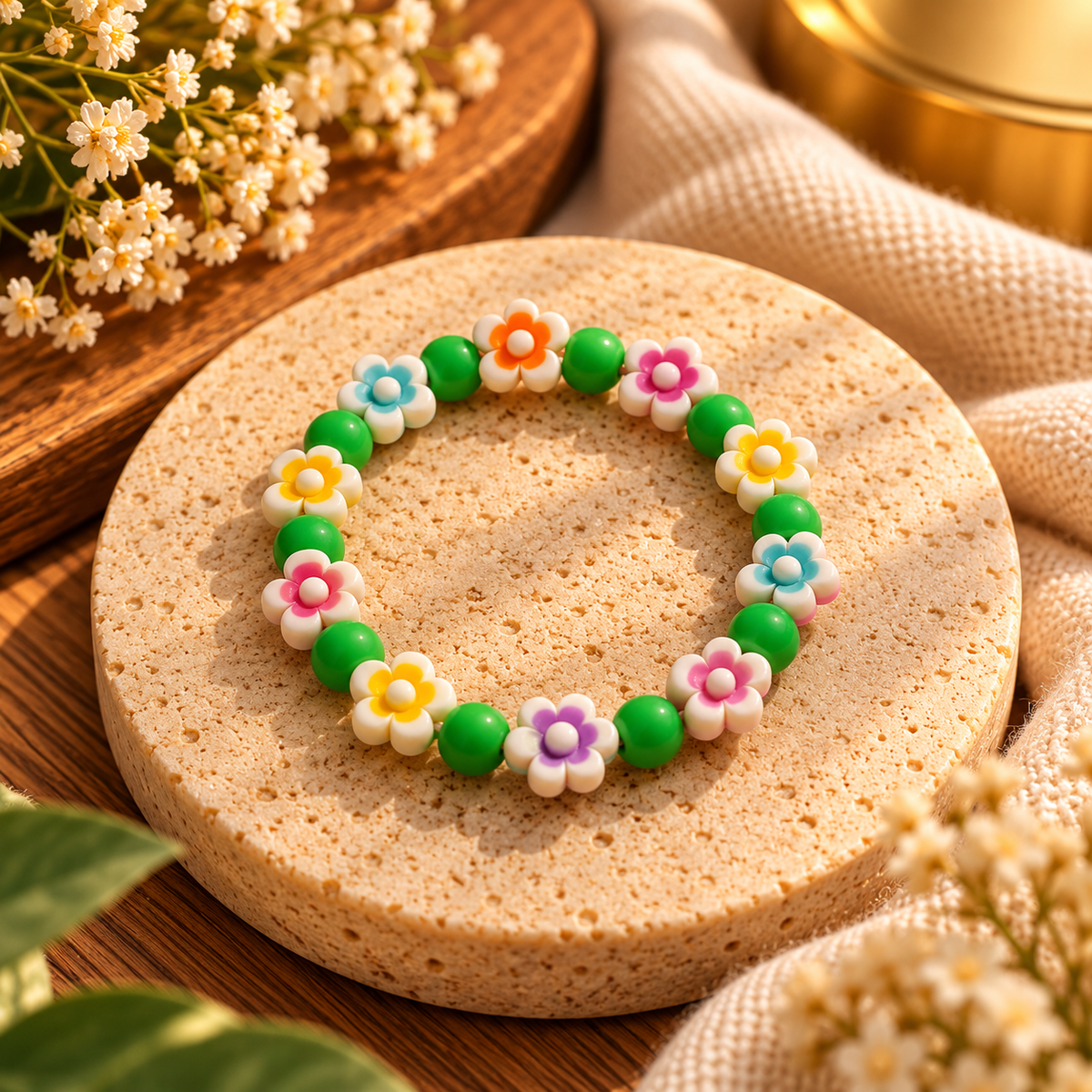 Handmade Kids Green & Colourful Daisy Flower Beaded Bracelet