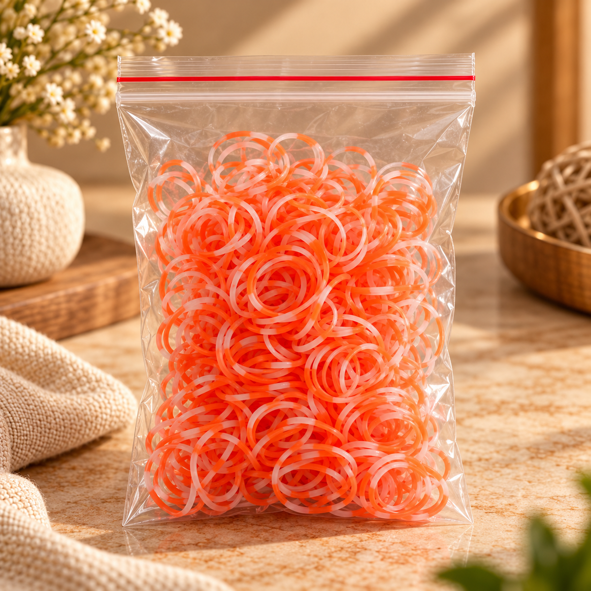 Neon Orange/White & Clear Elastic Hair Bands – Bulk Pack